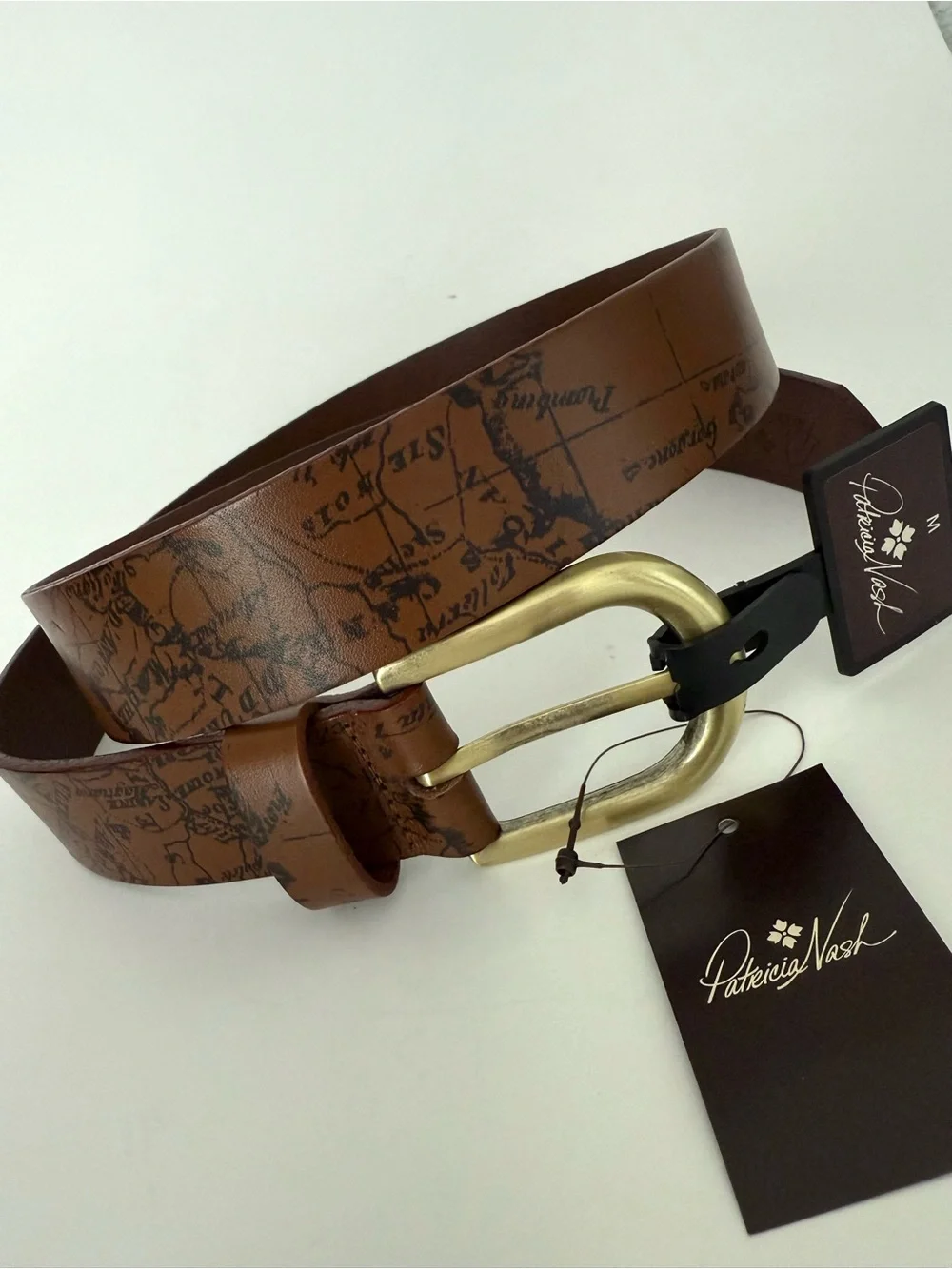 NWT Patricia Nash Brown Leather Vietri Map Gold Tone Buckle Boho Belt